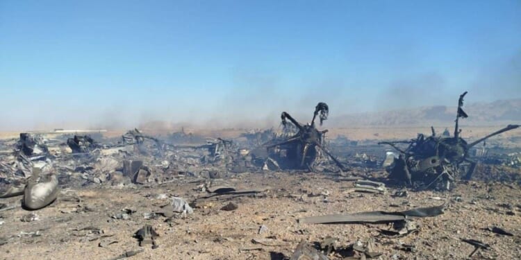 Wreckage is seen from what Iranian authorities say is a U.S. military helicopter that crashed during a mission to rescue the missing American pilot of an F-15E that was downed earlier this week, in a handout image provided on April 5, 2026, in an unspecified location in Iran.