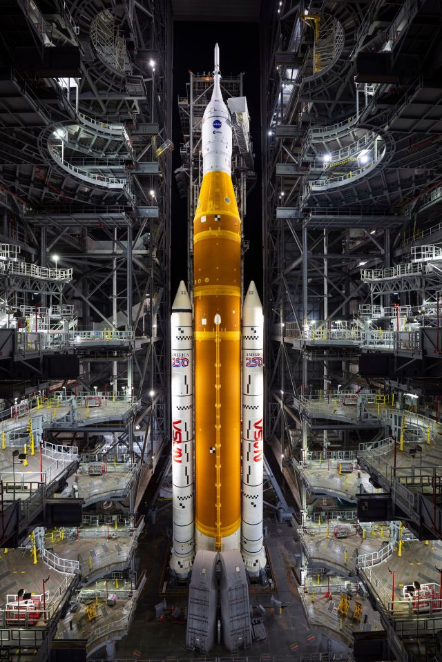 The NASA Space Launch System (SLS) rocket for the Artemis II Mission within the Vehicle Assembly Building.