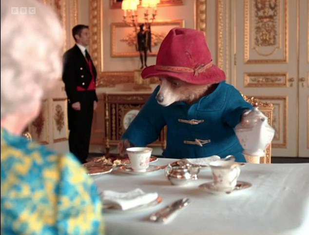 Paddington Bear having tea with Queen Elizabeth II during her Platinum Jubilee celebrations in 2022