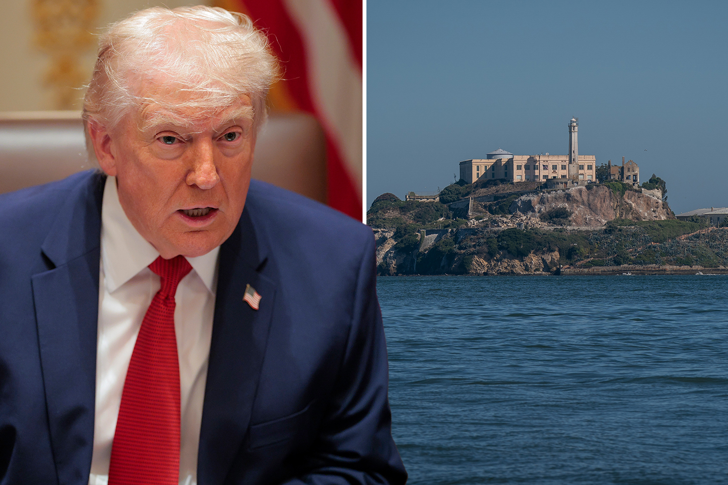 Collage of Donald Trump and Alcatraz Island.