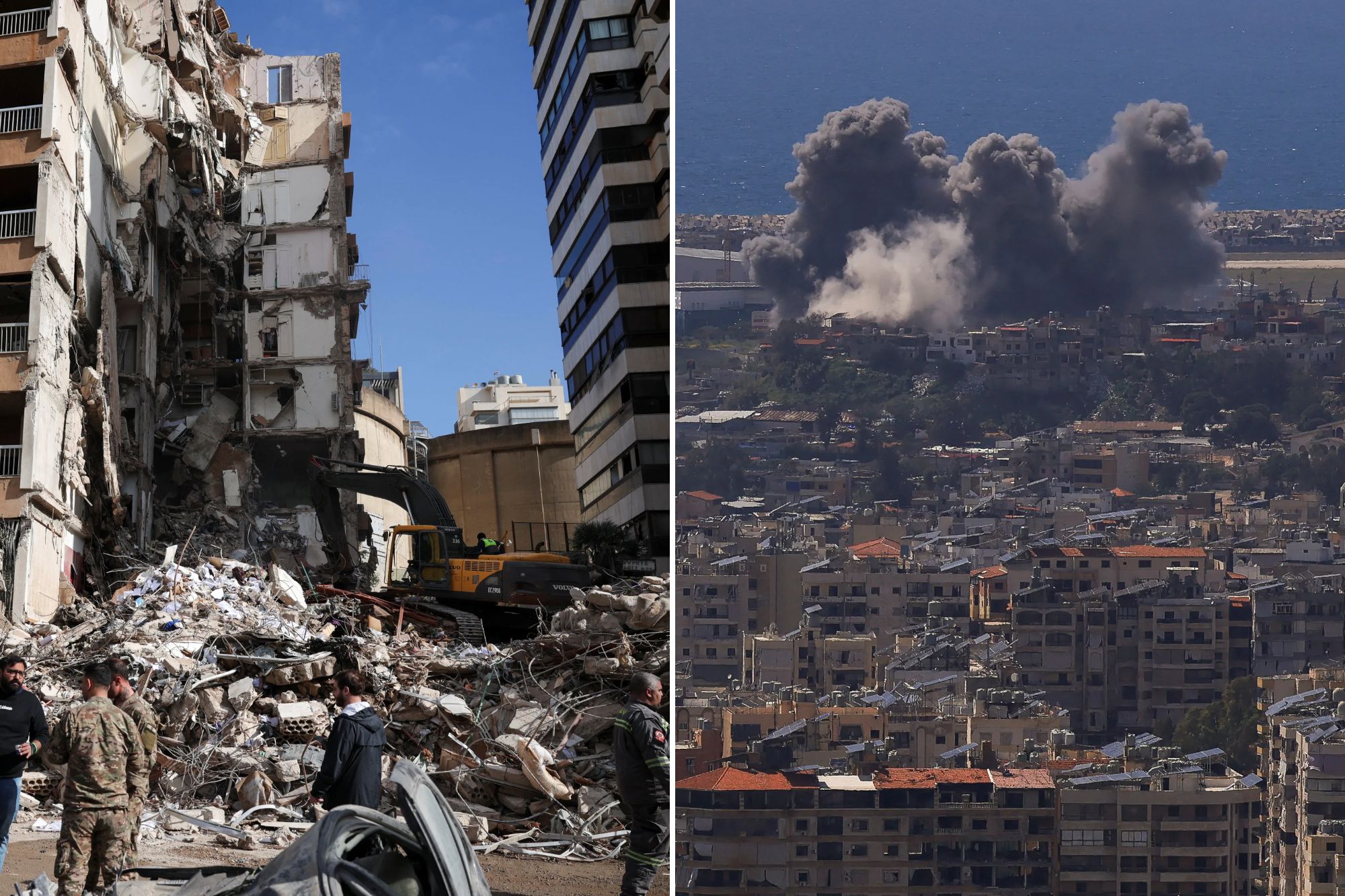 An image collage containing 2 images, Image 1 shows People gather near a damaged building at the site of an Israeli strike in Tallet El Khayat in Beirut, Image 2 shows Smoke rises following an Israeli strike on the southern suburbs of Beirut, Lebanon