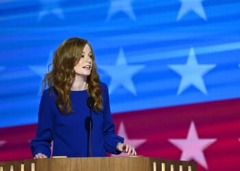 Michigan State Sen. Mallory McMorrow speaks on the first day of the Democratic National Convention at the United Center in Chicago, Illinois, on Aug. 19, 2024.