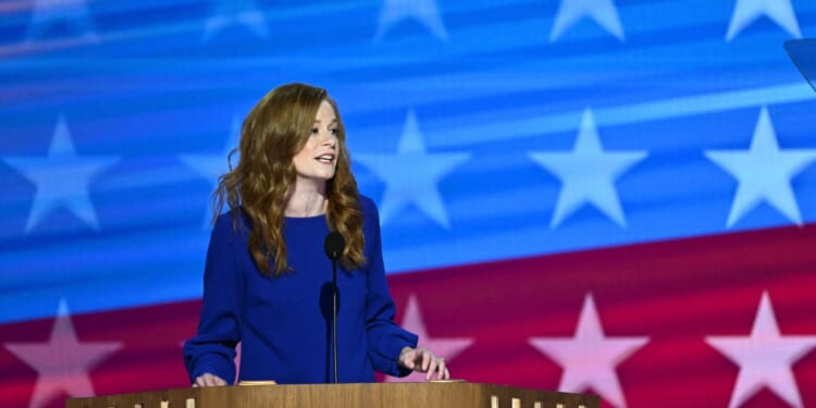 Michigan State Sen. Mallory McMorrow speaks on the first day of the Democratic National Convention at the United Center in Chicago, Illinois, on Aug. 19, 2024.