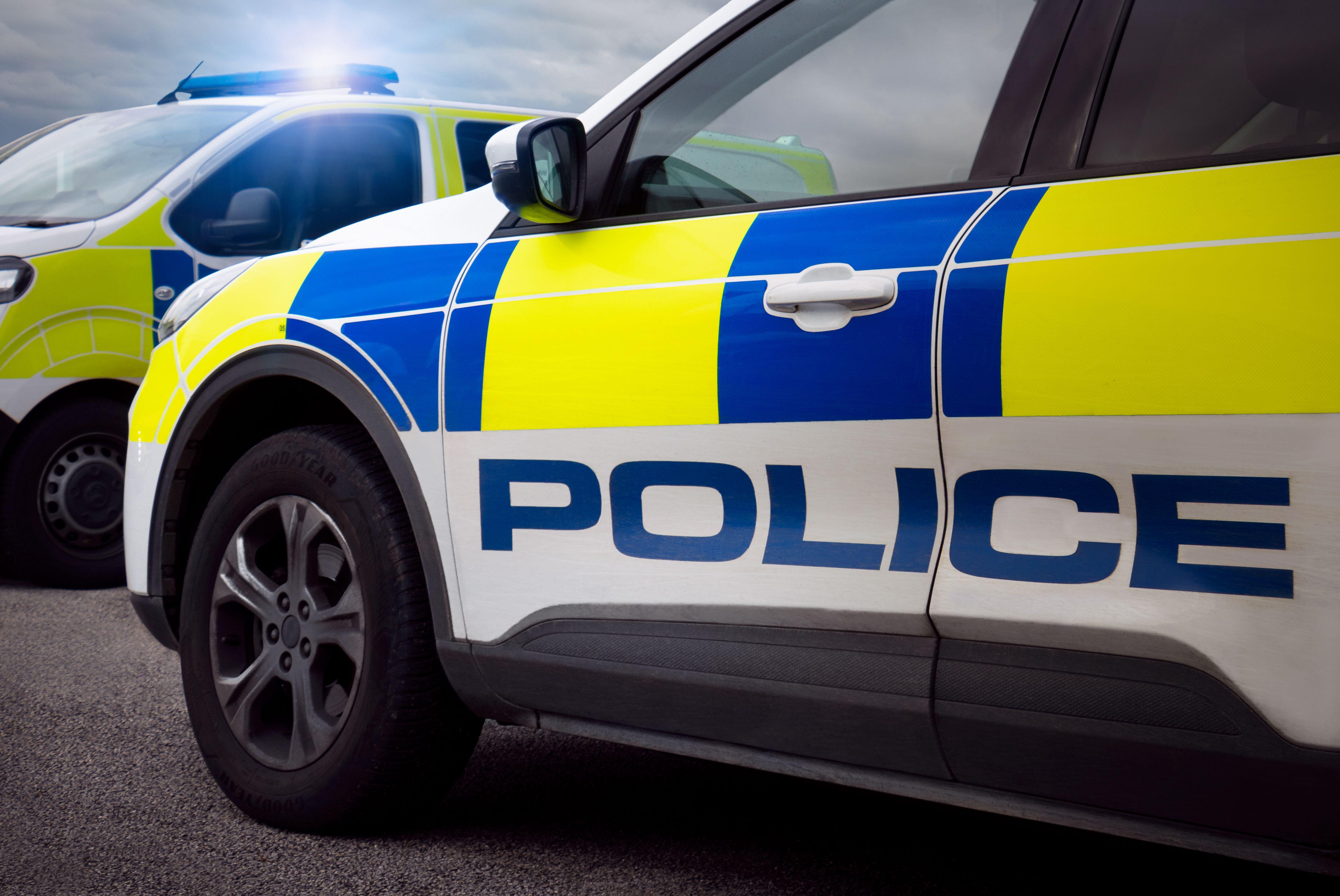 Police cars - Scene of emergency services police squad vehicles in action featuring a truck and cop car with lights and siren in response to incident.