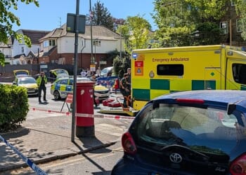 A photo of the scene in Golders Green today, with an ambulance parked alongside several police cars