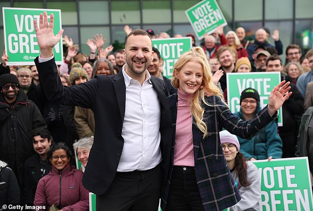 Zack Polanski, and Gorton and Denton Green Party candidate Hannah Spencer, pose for a picture on January 30