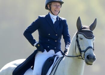 Zara Tindall was beaming this morning as she got back in the saddle to compete at an international horse trials