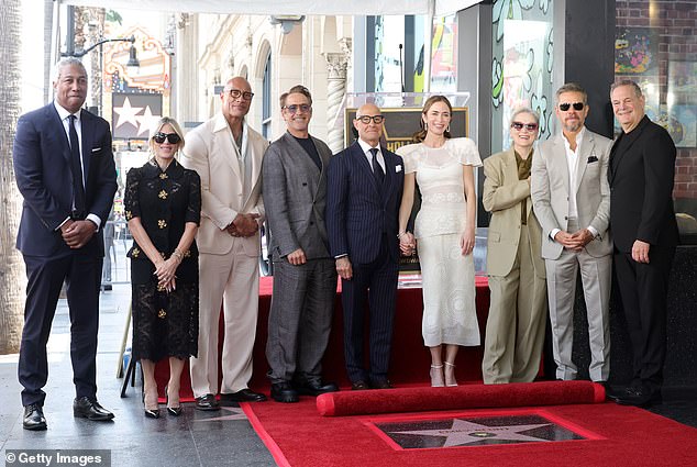(L-R) Ron Frierson, President and CEO Hollywood Chamber of Commerce, Ellen K, Dwayne Johnson, Robert Downey Jr, Stanley Tucci, Emily Blunt, Meryl Streep, Matt Damon and Jerry Neuman