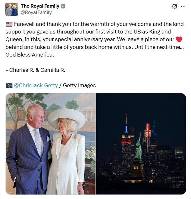 Charles and Camilla posted a farewell message at the close of their triumphant four-day State Visit