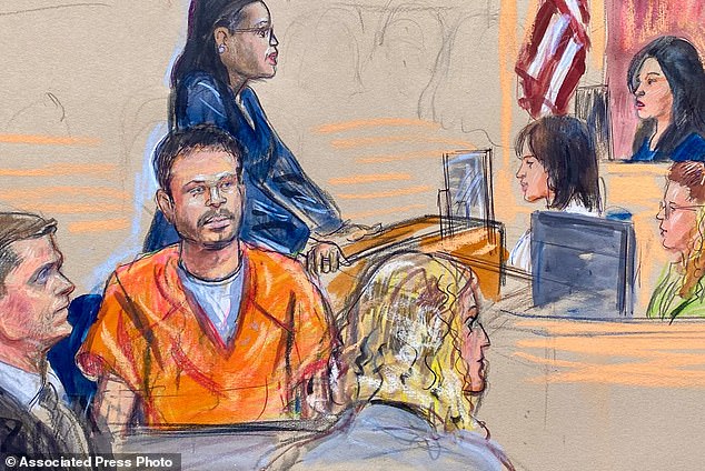 This courtroom sketch depicts Cole Tomas Allen, seated centre, the California man arrested in the shooting incident at the correspondents dinner in Washington