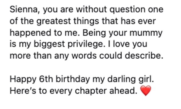 She captioned the post with a gushing birthday tribute which read: 'My baby is SIX'