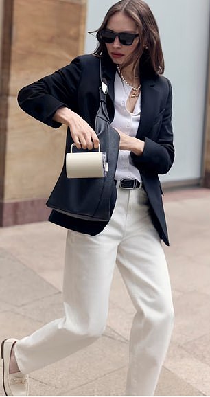 for those who are more fond of Emily Blunt's red-haired character Em, her white shirt and black corset aired with pinstriped trousers are also replicable in M&S' latest range