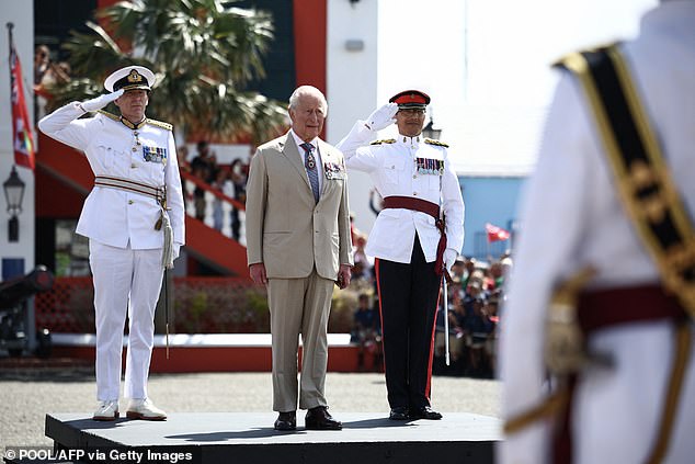King Charles III attends a ceremonial welcome at King's Square in St George's, Bermuda