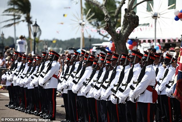 Members of the Royal Bermuda Regiment before the arrival ceremony in St George's, Bermuda