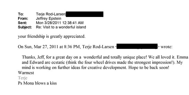 One email from March 2011 shows Edward's father indicated they had just come back from a trip to Little St James, Epstein's private island in the Caribbean