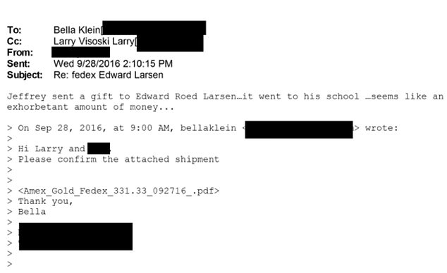One email from 2016 refers to an 'exorbitant' amount of money as a gift sent by Epstein to Edward while he was at school