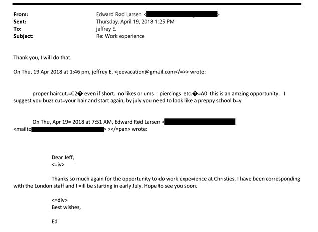 Edward forwarded on his correspondence with Christie's to Epstein who replied with some parental advice about how to present himself