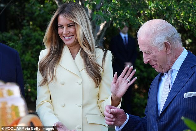 During his state visit to the US this week, the King (right) was spotted giggling with Melania Trump (left) about his love of honey after being gifted some by the White House¿s pastry chef