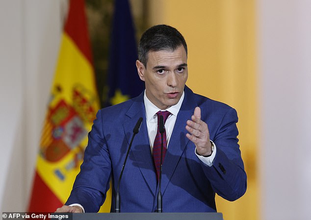 Spain's prime minister Pedro Sanchez at a press conference at La Moncloa Palace in Madrid