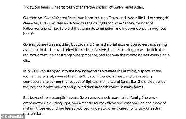 Farrell was also dedicated to her family. 'She was a grandmother, a guiding light, and a steady source of love and wisdom,' her loved ones continued'