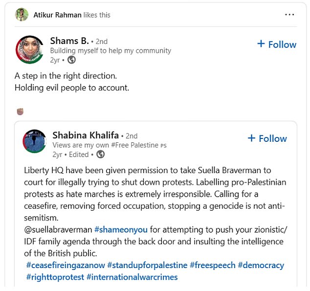 He also appeared to 'like' a post branding Suella Braverman, his department's then Home Secretary, 'evil'