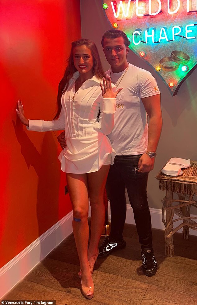 Last month Venezuela said she was debating whether she should wear white Crocs or New Balance trainers with her wedding gown (pictured with fiancé Noah)