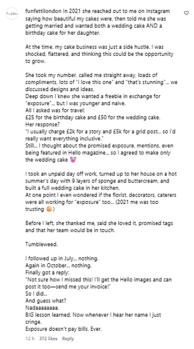 The owner of Funfetti London shared a lengthy comment detailing how Binky allegedly DMed her in 2021 asking for the baker to make her wedding and birthday cake