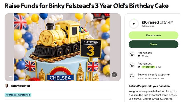 Reshmi went as far as to make a spoof GoFundMe page asking for donations of £1.4million for the cake - in reference to celebrity Binky's huge online follower count