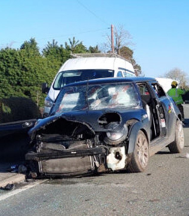 Her lawyer told magistrates in mitigation that the actress, who also had roles in Four Weddings And A Funeral and Coronation Street, had been under stress because she was going through a divorce. Pictured: Her wrecked car at the crash site