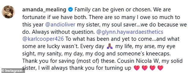 She posted a heartfelt New Year message (pictured) thanking friends for helping to save her from what she called an 'excruciatingly painful' year