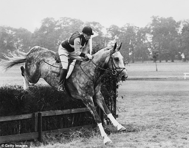 The Princess Royal first evented Columbus at novice and intermediate levels but said he was more of a 'man's ride' because of his strength - his stable name was The Monster. The two are pictured in 1972 during the speed and endurance section of the Burghley Horse Trials