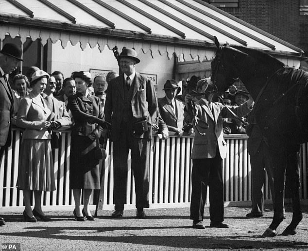Doutelle was the first top-class horse bred by the Queen in her own right but his career as a stallion was cut short when he died at the age of eight. Pictured: Princess Margaret listened as the Queen point to Doutelle, who had just won the 2,000 Guineas Trial Stakes at Kempton