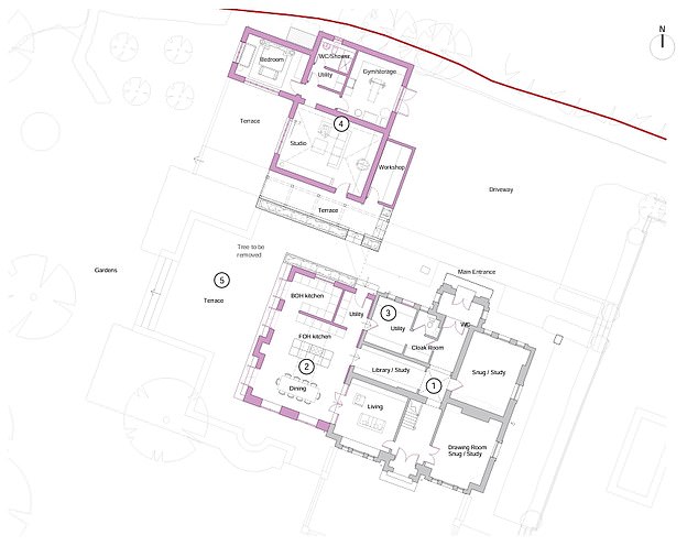 Alex is planning a single-storey extension at the side of the house to create a new supersized kitchen diner. Pictured: A map of the couple's renovation plans for the house and annex, with the current layout in grey and proposed changes in purple