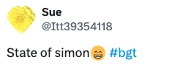 Taking to X viewers laughed: 'Simon with a full face of silly string', 'LMAOOO Simon', 'Hahah Simon Cowell got silly string sprayed on him', 'State of Simon!'