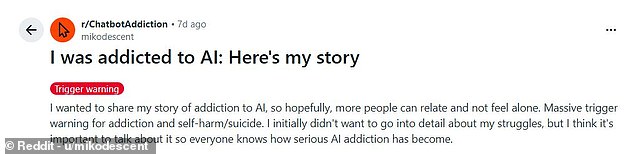 One Reddit user said that their AI addiction had driven them into a depressive episode, ultimately culminating in an aborted suicide attempt