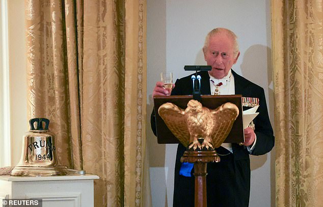 The King shares a toast during his speech at the state dinner in Washington