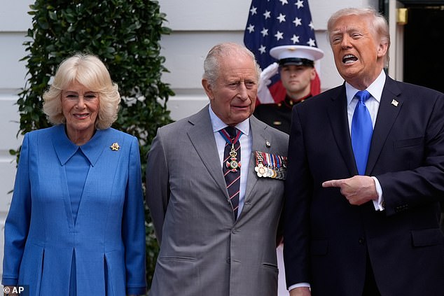 President Donald Trump greets King Charles III and Queen Camilla for a departure ceremony on the South Lawn of the White House at the finale of their state visit to America