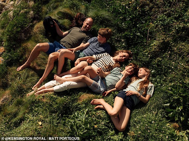 The Prince and Princess of Wales with their children Prince George, Princess Charlotte and Prince Louis in a new photo released for William and Catherine's wedding anniversary
