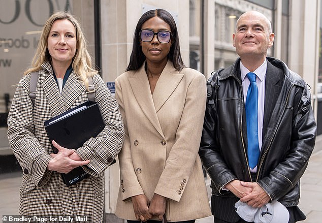 Channel 5 News presenter Claudia-Liz Vanderpuije leaving the London Tribunal centre with her Barrister Christabel McCooey and lawyer Jonathan Coad