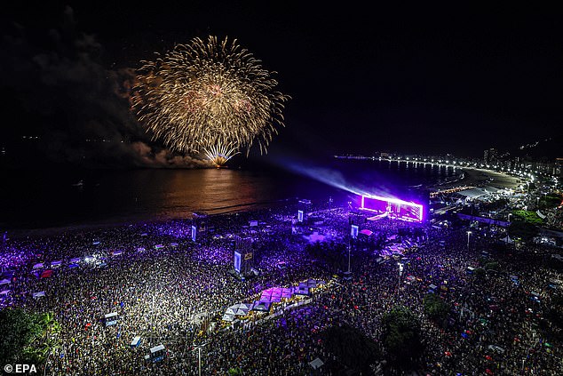 The singer took to the stage on Copacabana Beach, in Rio de Janeiro, around 11pm as the massive crowd gathered to see the Colombian star perform