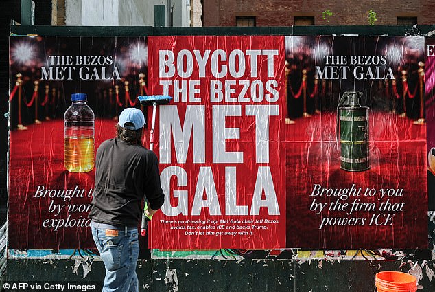 A poster campaign erupted in the wake of the Bezoses' involvement in the upcoming Met Gala