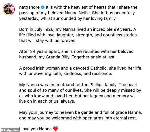 Natalie went on: 'After 34 years apart, she is now reunited with her beloved husband, my Granda Billy. Together again at last.