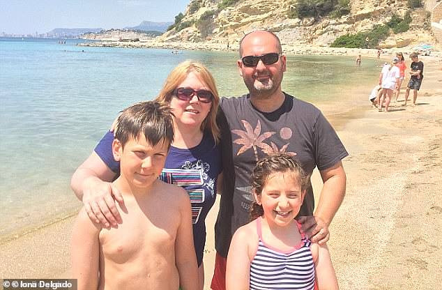 Teacher Iona Delgado, now 53, pictured with her husband Andres, 53, and their two children, Luis and Cristina. Iona was bumped off an overbooked flight to Alicante at the last minute in 2017