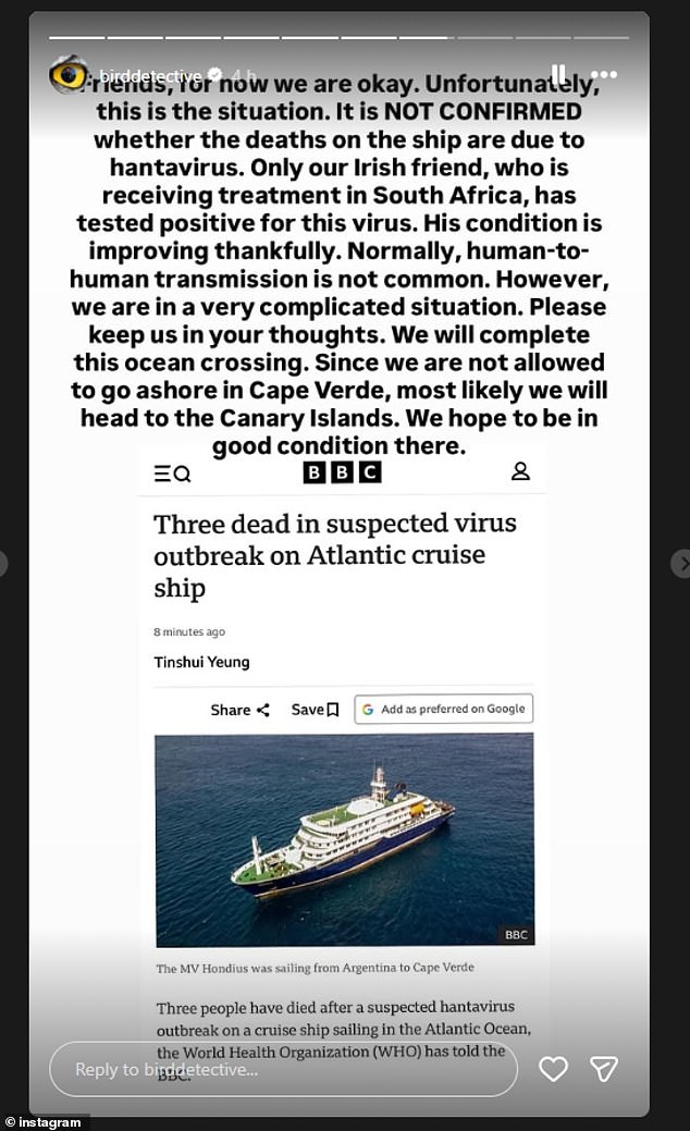 Speaking on social media, a Turkish passenger on the ship said his 'Irish friend' was receiving treatment in South Africa - but that fortunately, his condition was 'improving'