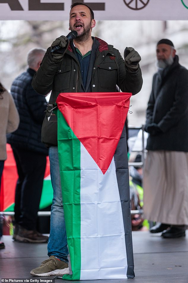Polanski addresses pro-Palestine demonstrators last year at a rally in Whitehall, London