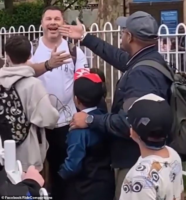 The man (left) claims he has been accused of racism, which he vehemently denies. He also tells the man accused of queue jumping: 'You're going to be on YouTube tonight'