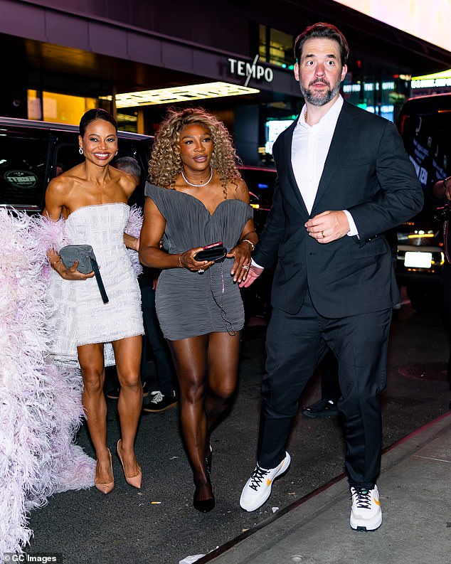 Looking effortlessly elegant, the Marchioness was pictured walking arm-in-arm with Serena, who put on an equally leggy display in a gray mini frock with ruched detailing