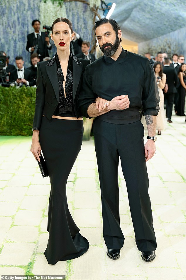 Fellow actress Rebecca Hall , 44, flashed her midriff in a tailored jacket as she joined her American husband Morgan Spector