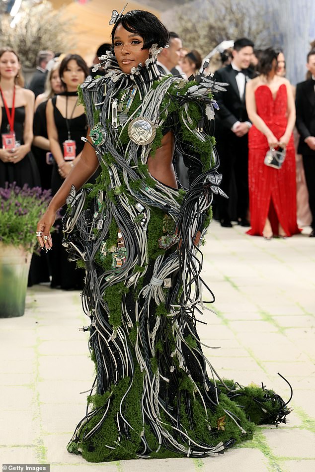 Into the future! Janelle Monáe wore a dress that appeared to be decorated with computer wires and moss, with large cut-outs at the waist. The dress also featured large butterflies, including one that she placed in her hair