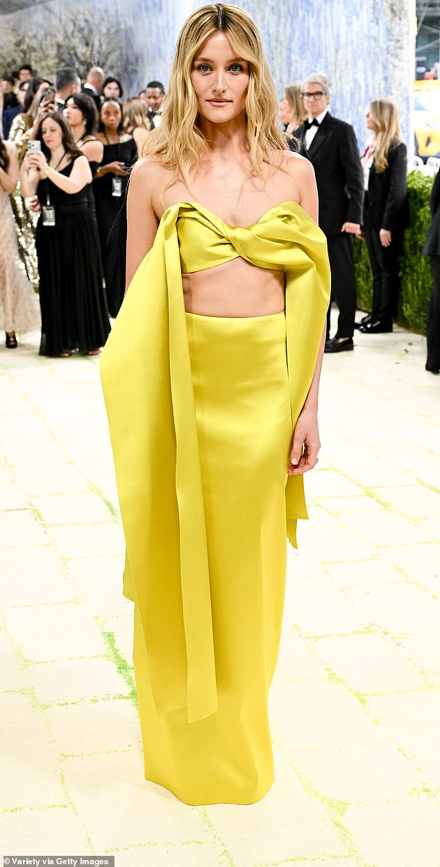 Missing the mark! Love Story star Sarah Pidgeon wore a custom-made chartreuse gown from Loewe, which looked more like she was going to a summer awards show than the Met Gala. The dress featured a tie at the bust, exposing her midriff before flowing into a straight skirt